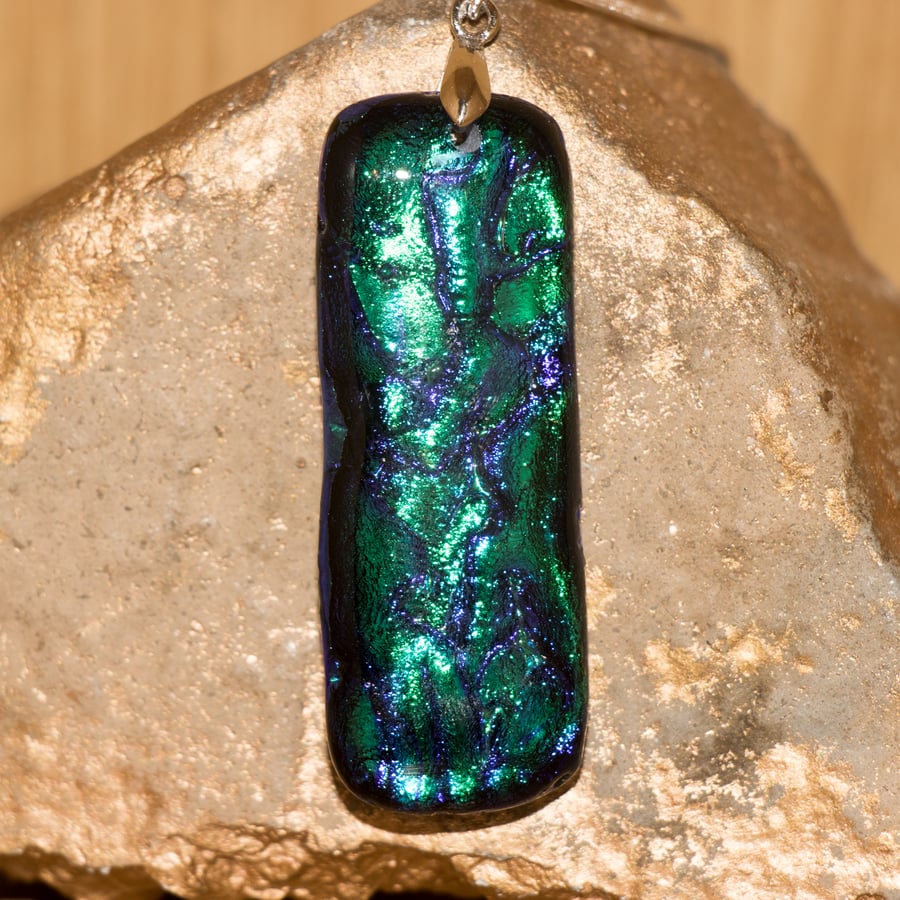 Bottle Green & Blue - Dichroic Fused Glass Pendant - 1186