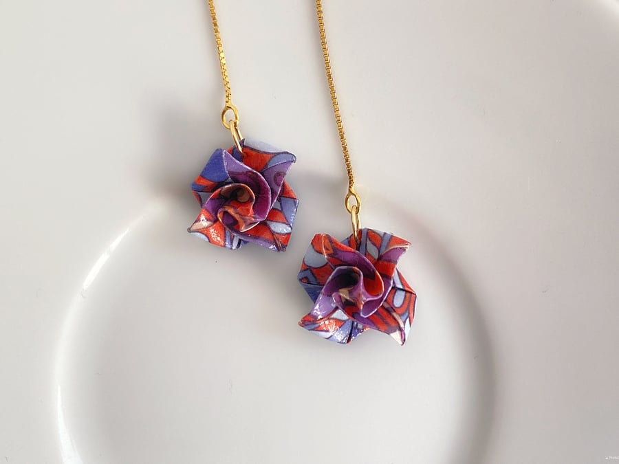 Ethnic Charm: Hand Folded Origami Rose Threader Earrings with Long Chain Gold