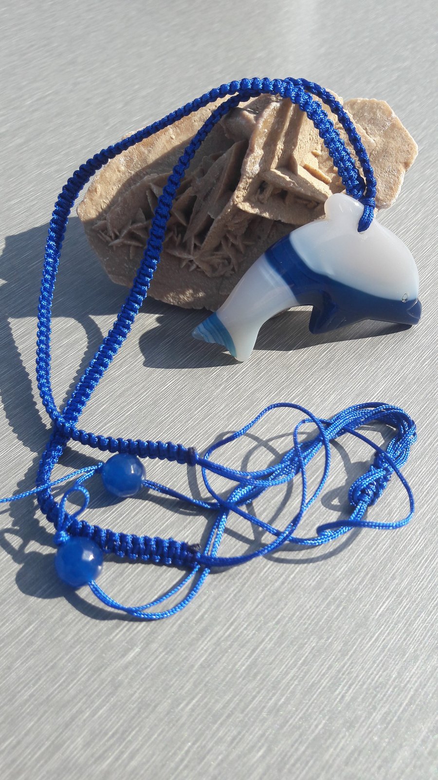 Blue and White Onyx Dolphin on Blue Macrame Adjustable Necklace