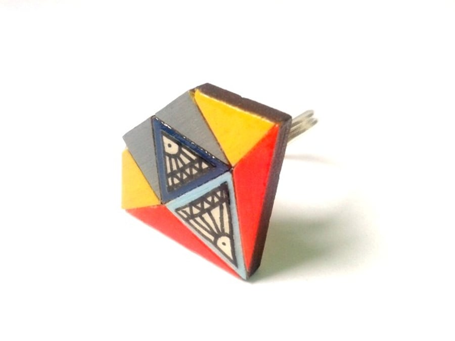 Mustard Yellow, Red and Grey Paper Illustration Wooden Crystal Diamond Ring