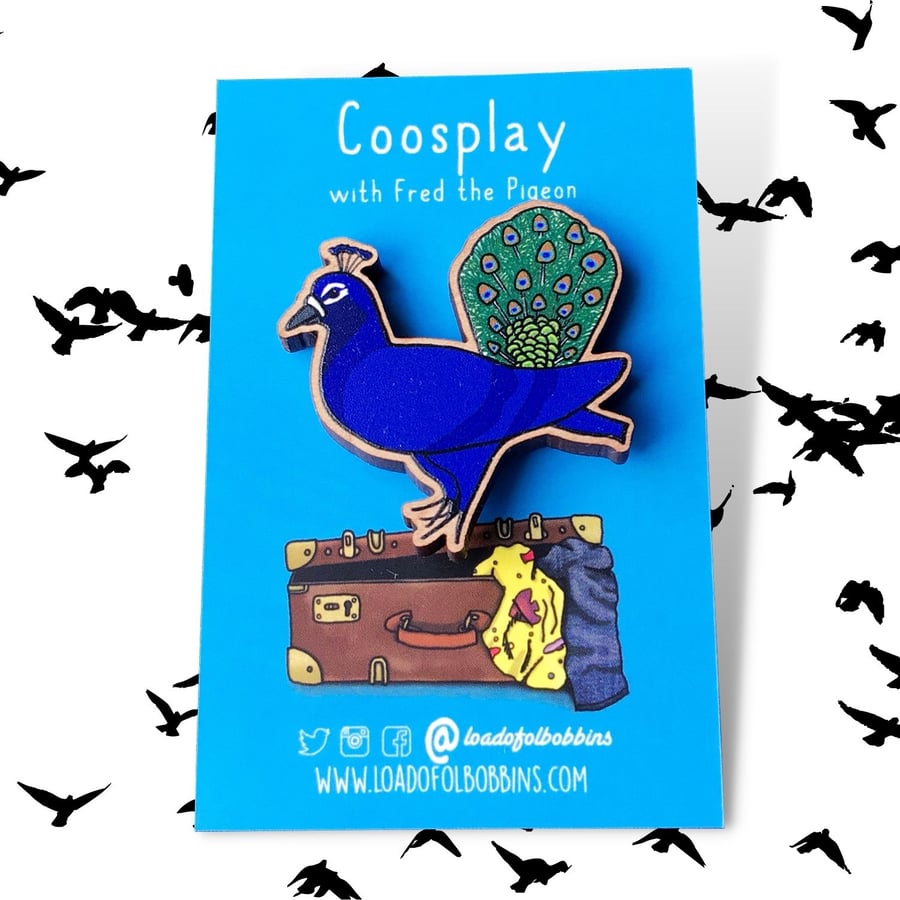 Pigeon Peacock Illustration Wooden Brooch
