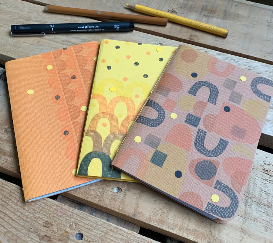 Set of 3 Hand Bound and Hand-printed Journals. Browns, Oranges, Yellows.