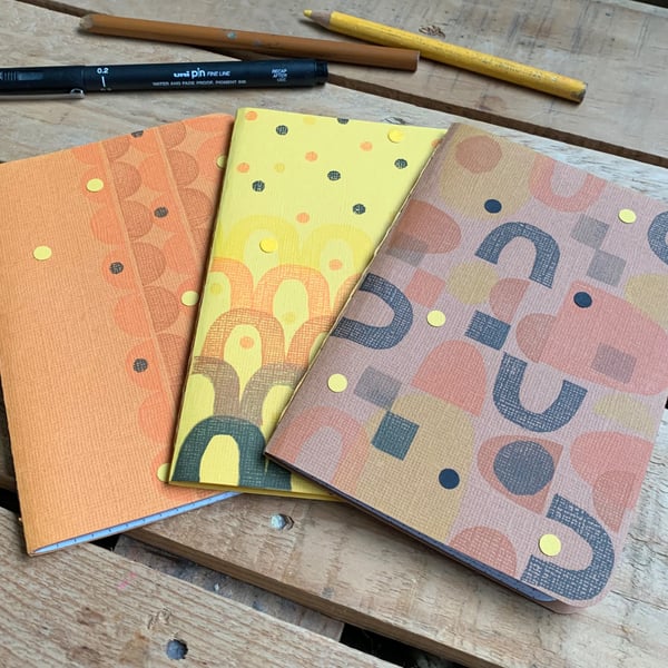 Set of 3 Hand Bound and Hand-printed Journals. Browns, Oranges, Yellows.
