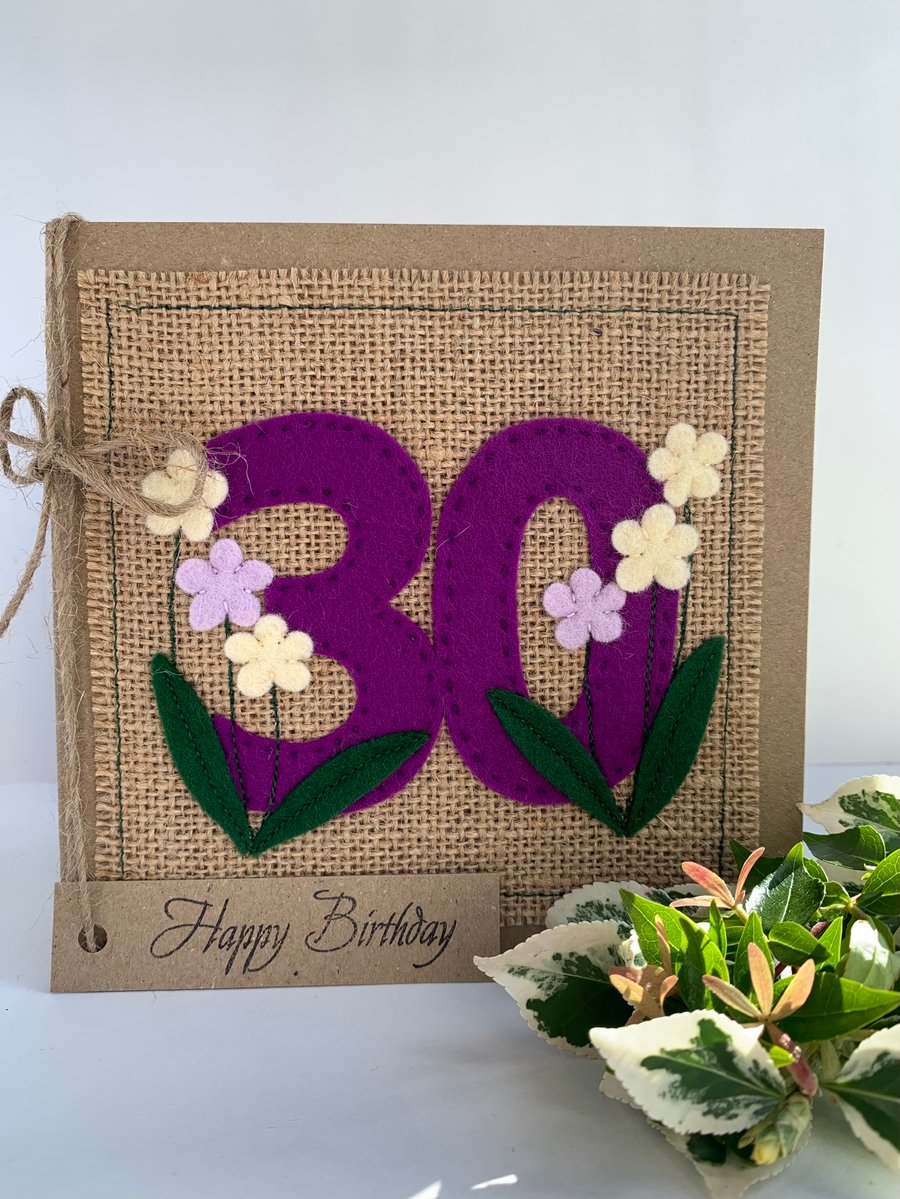 30th Handmade Birthday Card from felt. Keepsake Card. Textile card.