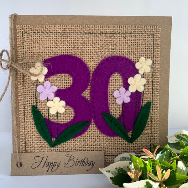 30th Handmade Birthday Card from felt. Keepsake Card. Textile card.