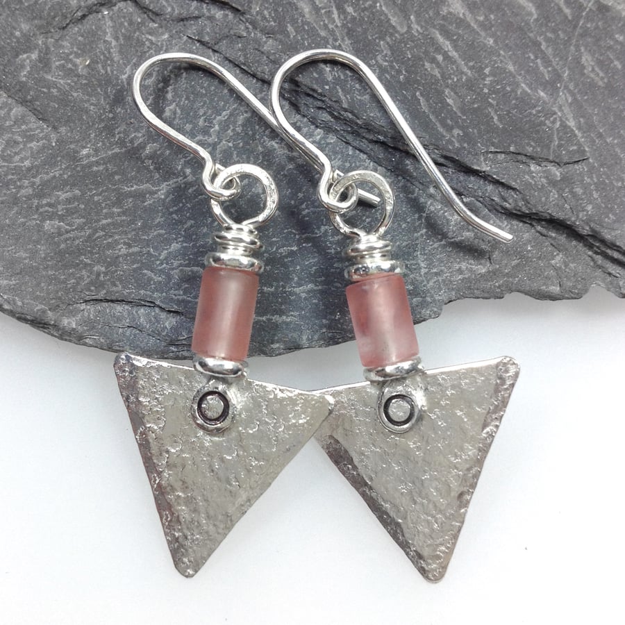 Sterling silver and cherry quartz triangle earrings
