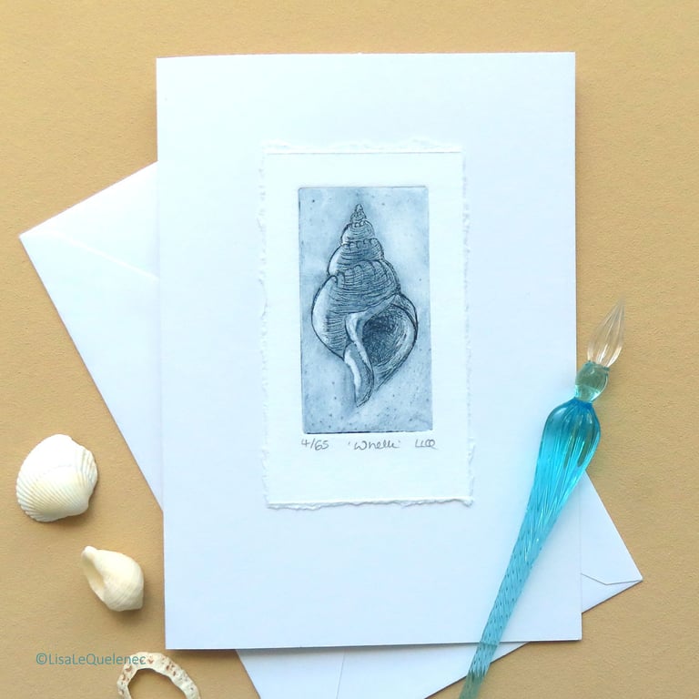 Whelk sea shell original etching blank art card