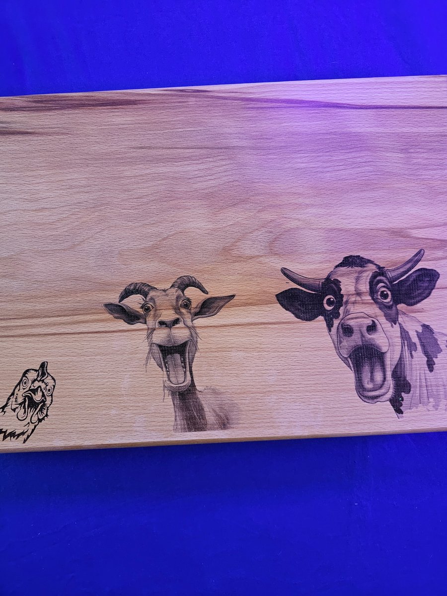 Chunky chopping board beechwood with crazy-shocked cow goat a d chicken design 