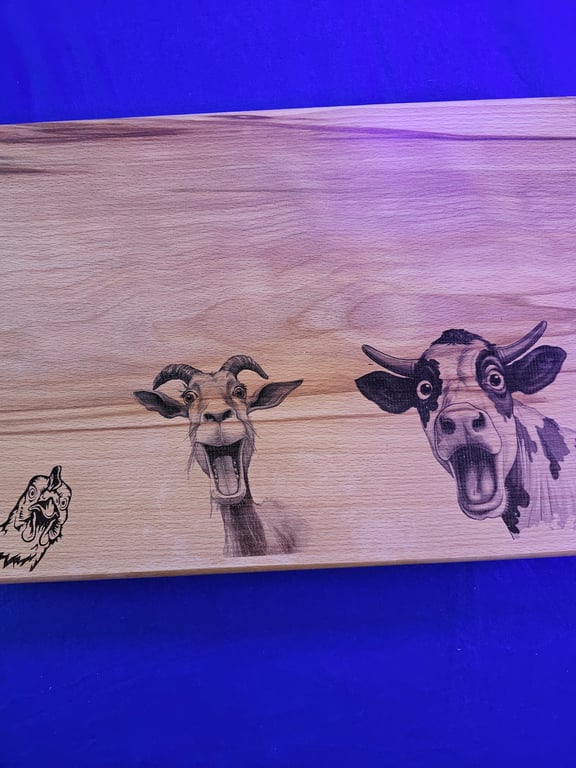 Chunky chopping board beechwood with crazy-shocked cow goat a d chicken design 