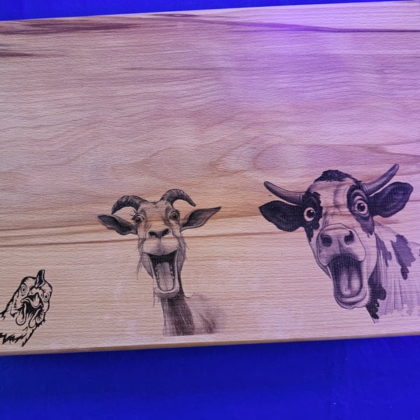Chunky chopping board beechwood with crazy-shocked cow goat a d chicken design 