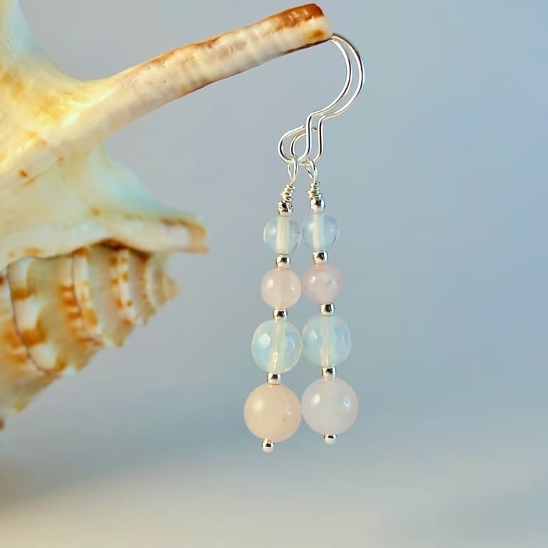 Rose Quartz, Opalite & Silver Earrings, Birthday, Valentine, Bridesmaid Gift.
