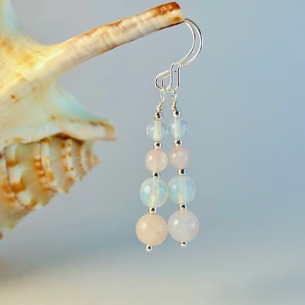 Rose Quartz, Opalite & Silver Earrings, Birthday, Valentine, Bridesmaid Gift.