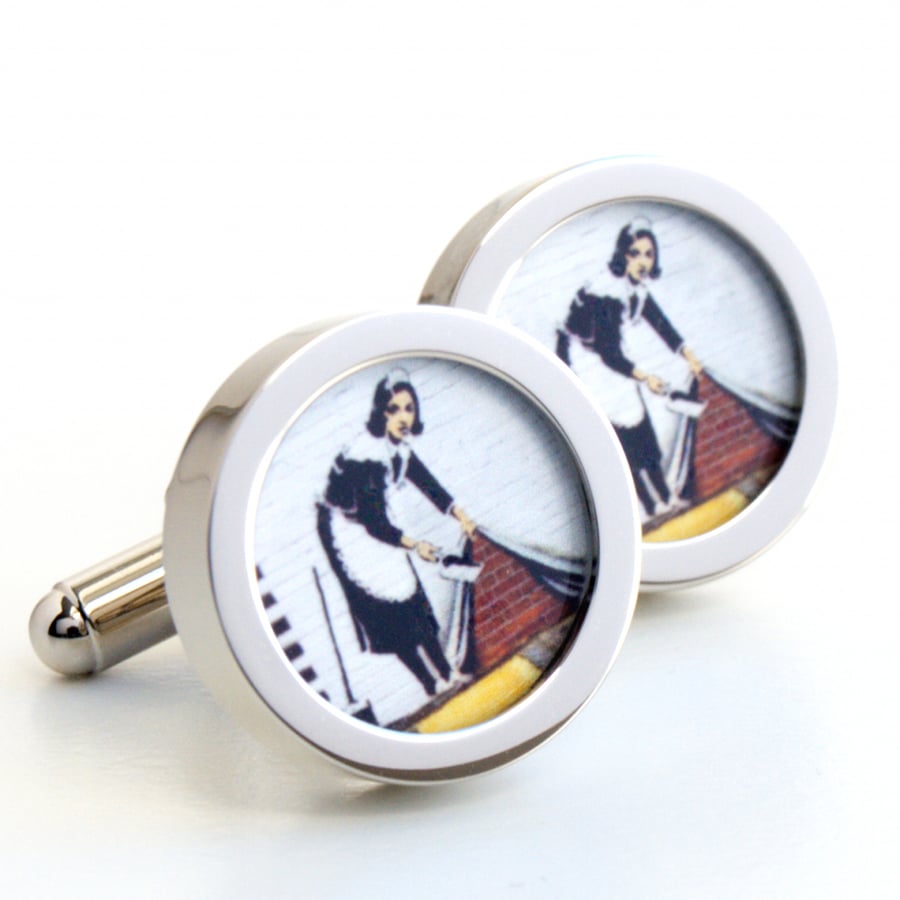 Banksy Cufflinks Maid Sweeping up the Rubbish