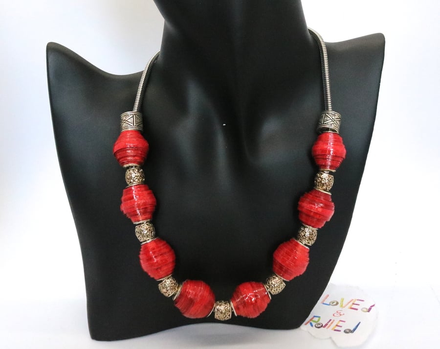Vibrant red & silver necklace made of recycled wrapping paper and silvery beads