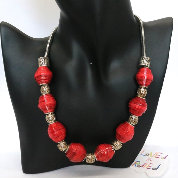 Vibrant red & silver necklace made of recycled wrapping paper and silvery beads