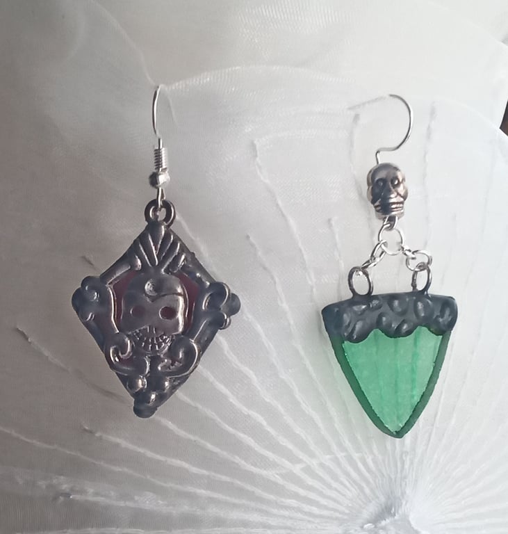 "Dance Macabre" stained glass and Tibetan silver asymmetric earrings 
