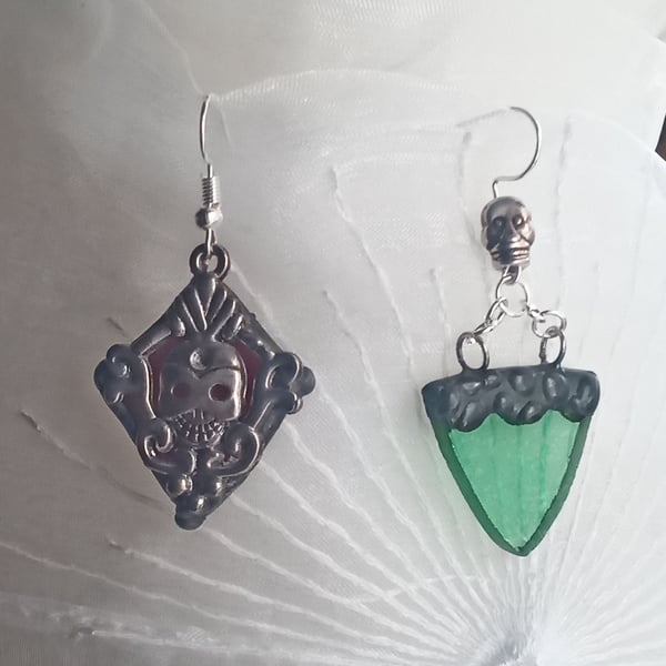 "Dance Macabre" stained glass and Tibetan silver asymmetric earrings 