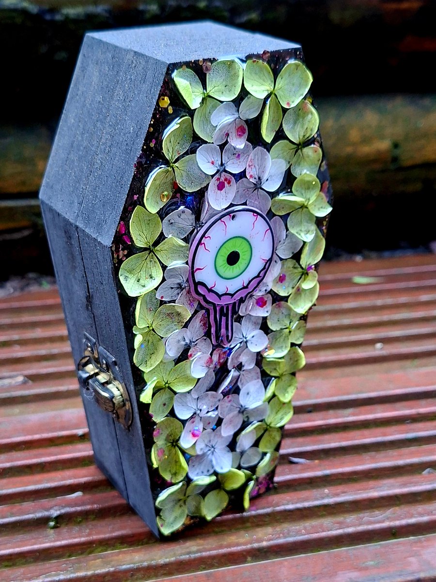 Wooden Coffin Trinket Jewellery Box gothic zombie eyeball pink green resin