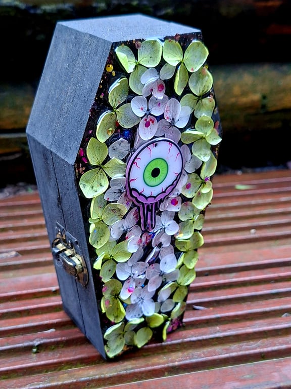 Wooden Coffin Trinket Jewellery Box gothic zombie eyeball pink green resin