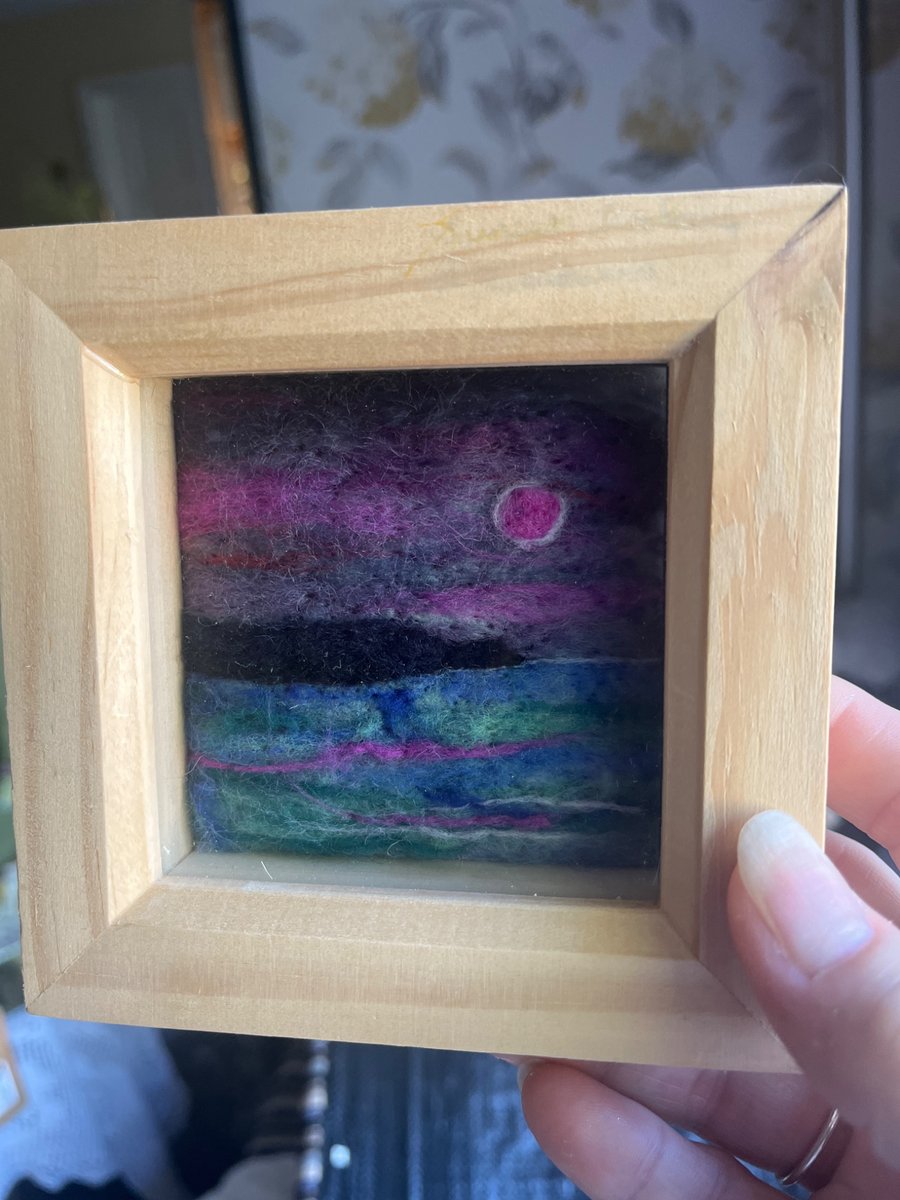 Pink Sunset over cliffs and , white moon sea needle felt pine box frame 