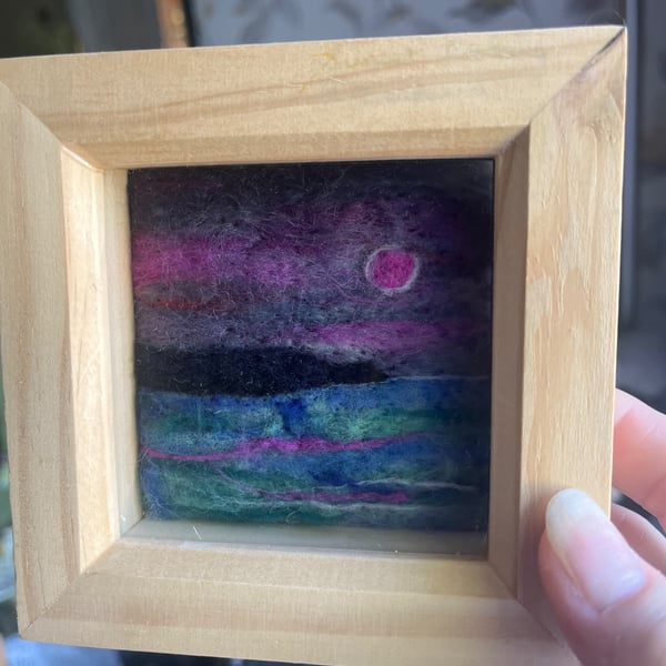 Pink Sunset over cliffs and , white moon sea needle felt pine box frame 
