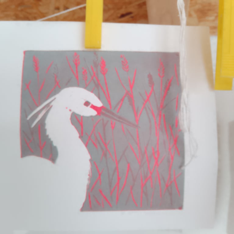 Egret mini linoprint reduction 