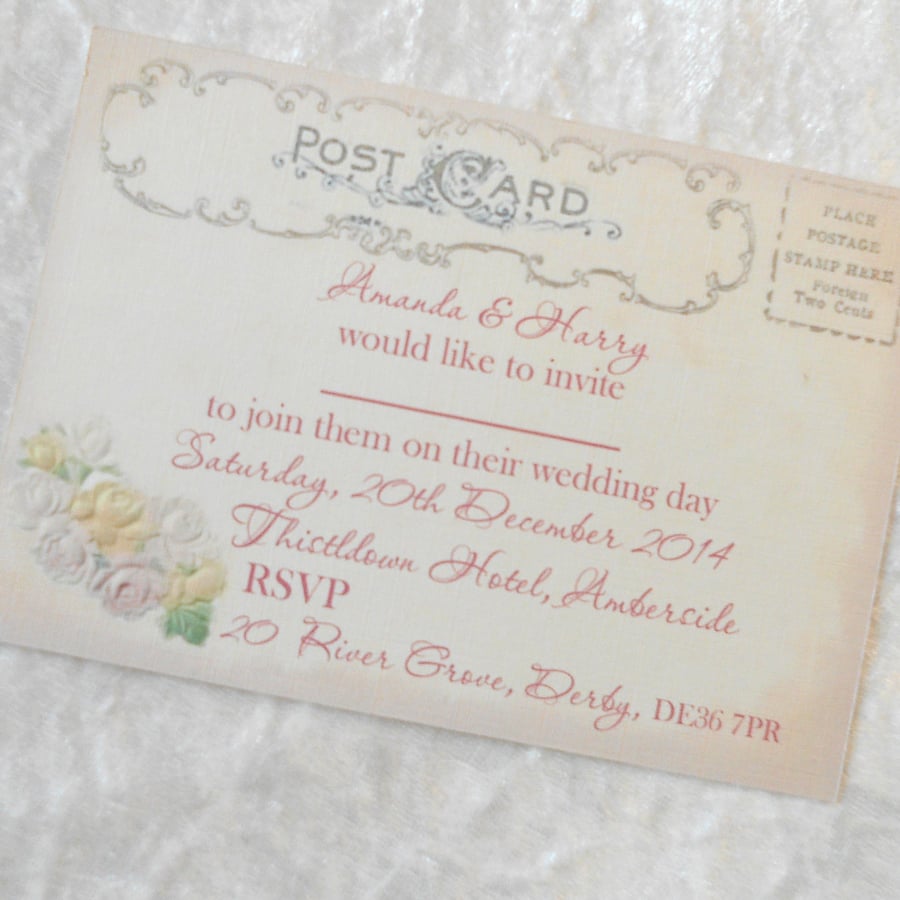 10 x Vintage Style Personalised Invitations Postcard A6 (Ref 66)
