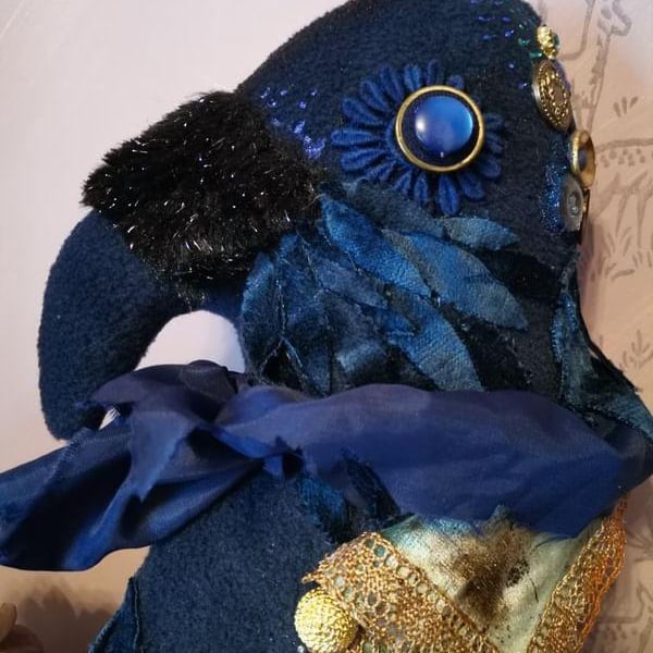 Primitive textile art Raven sculpture, textile art, steampunk, home decor