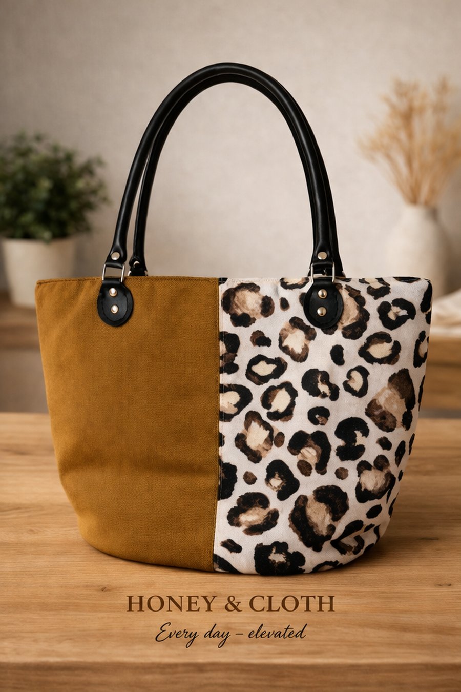  Leopard print and organic twill large structured tote bag