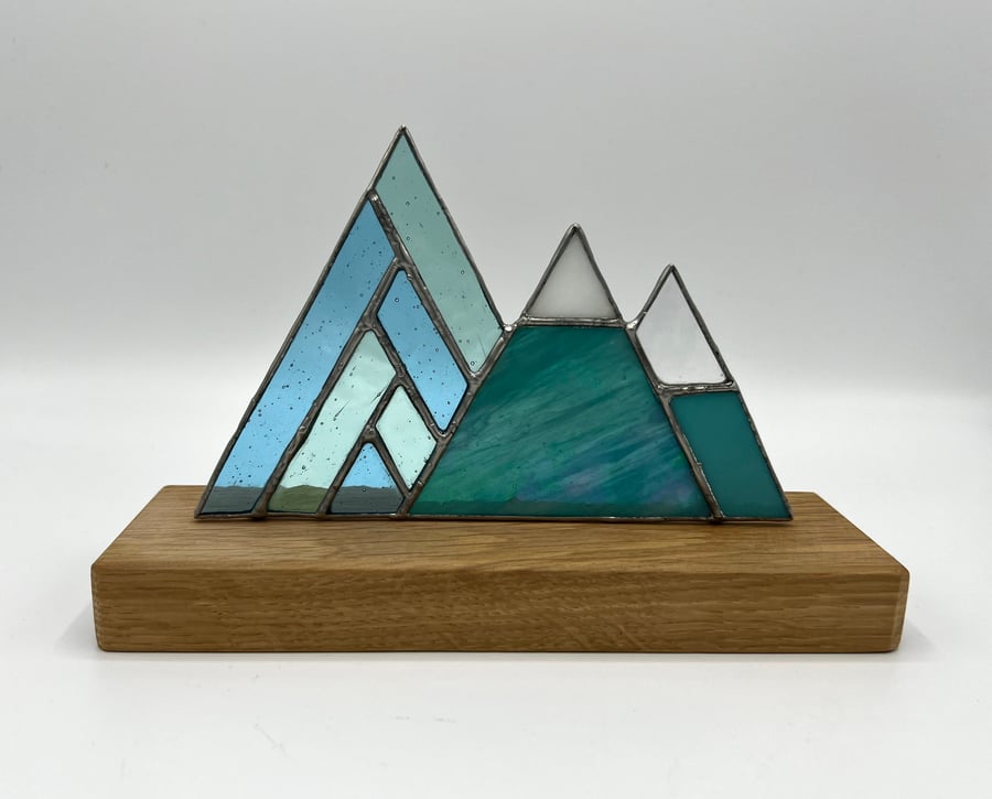 Stained Glass Mountains 3 peaks turquoise blue -  Christmas gift