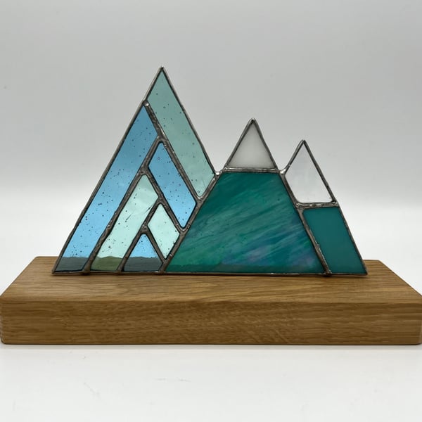 Stained Glass Mountains 3 peaks turquoise blue -  Christmas gift