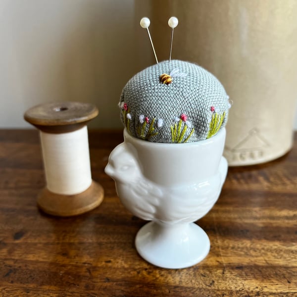 Pin cushion - white chicken egg cup - embroidered with bee and flowers