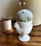 Pin cushion - white chicken egg cup - embroidered with bee and flowers