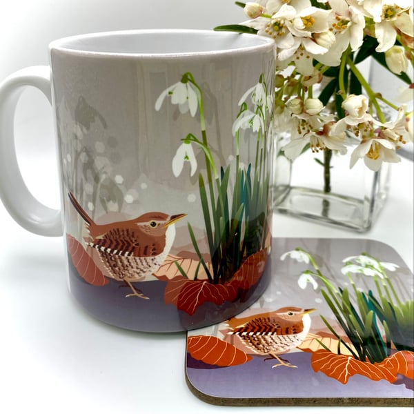 Wren with Snowdrops Ceramic Mug - matching Coaster option