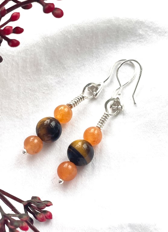 Handmade Solid Sterling Silver drop earrings with Tigers Eye & Peach Aventurine