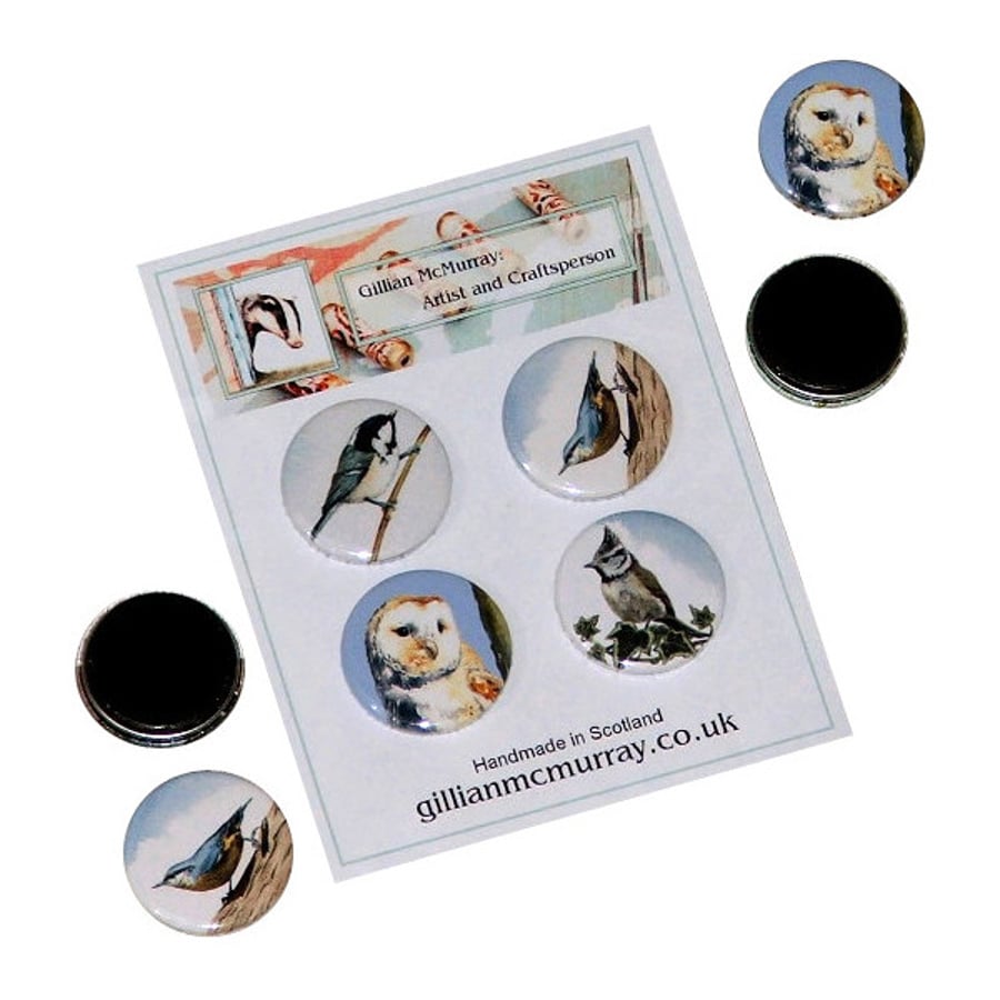 Garden bird fridge magnets - set of 4, 1 inch (25mm)