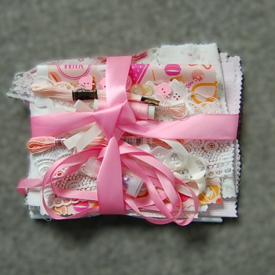 Upcycled slow stitching kit includes fabric, buttons, threads,  lace, ribbon