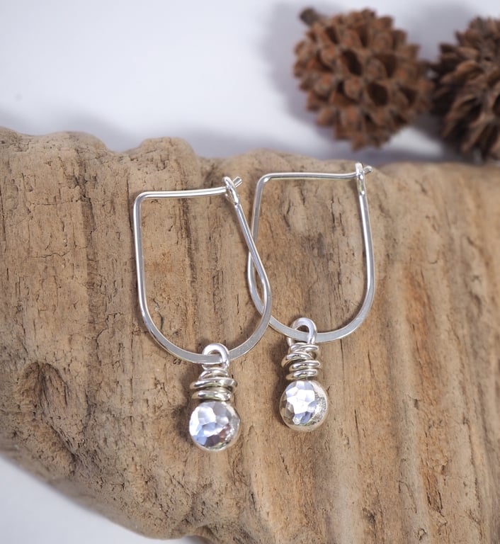 Recycled Silver Earrings, Hoop Pebble Earrings, hammered silver