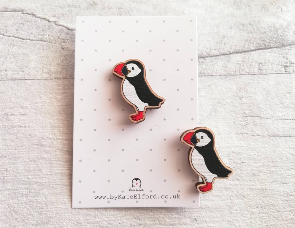 Puffin wooden pin brooch