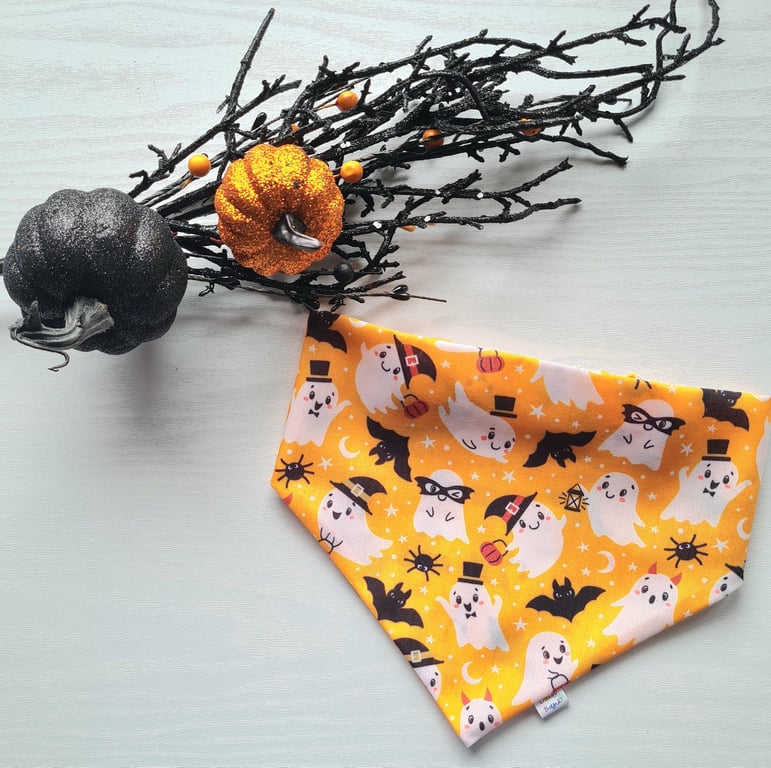 Halloween Dog Cat Bandana Spooky Ghosts, No-Tie Scrunchie Style, Easy Over Head