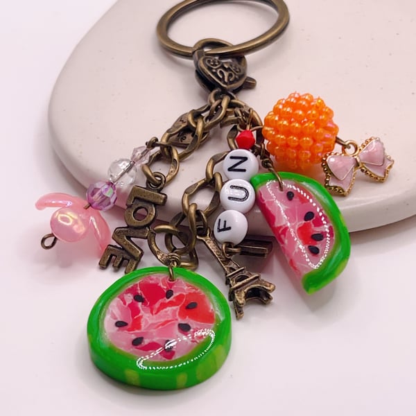 Watermelon Keyring Bag Charm, Handmade Summer Fruit Charm with Beads