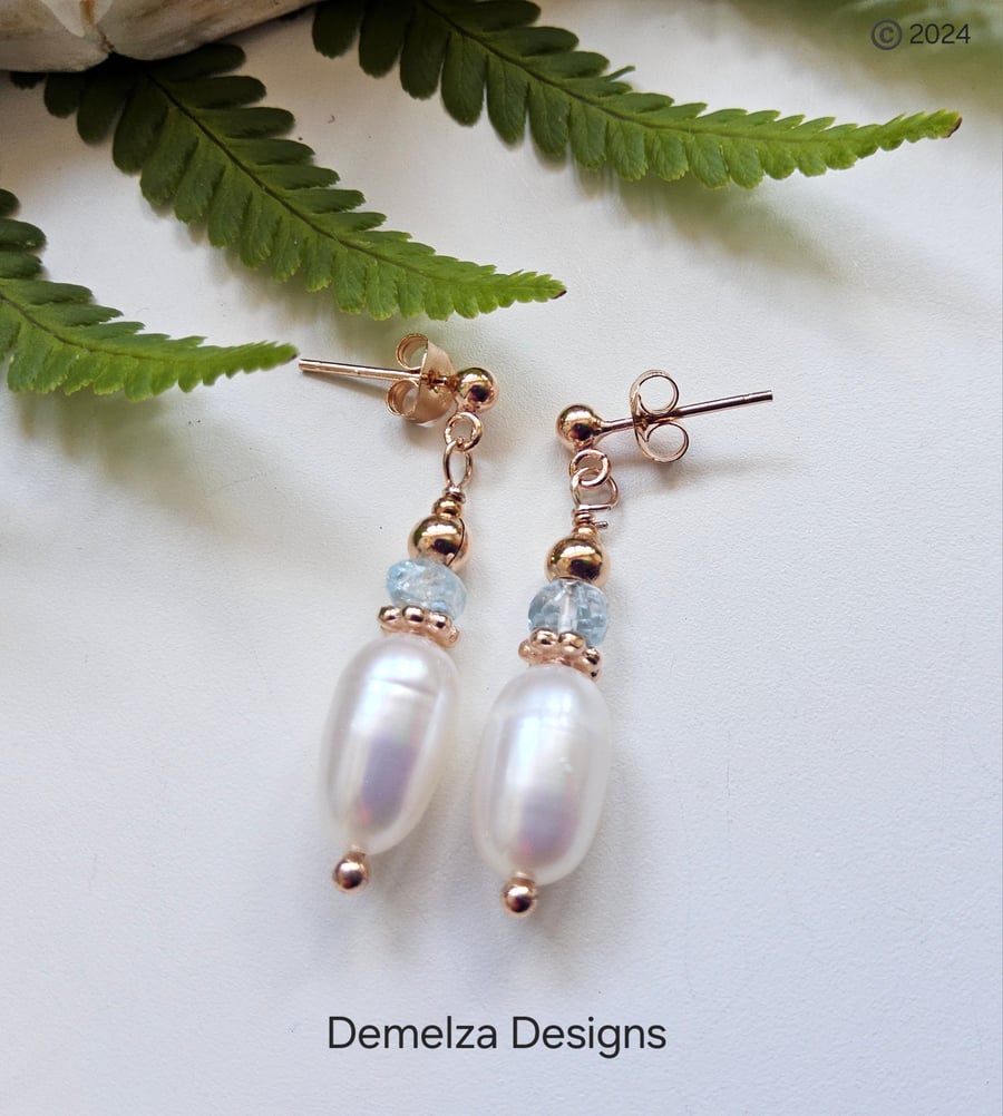 Artisan Sky Blue Topaz & Large Rice Freshwater Pearl Rose Gold Vermeil Earrings 
