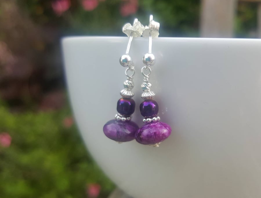 Purple drop earrings. Purple Jasper and sterling silver earrings. Gemstone and s