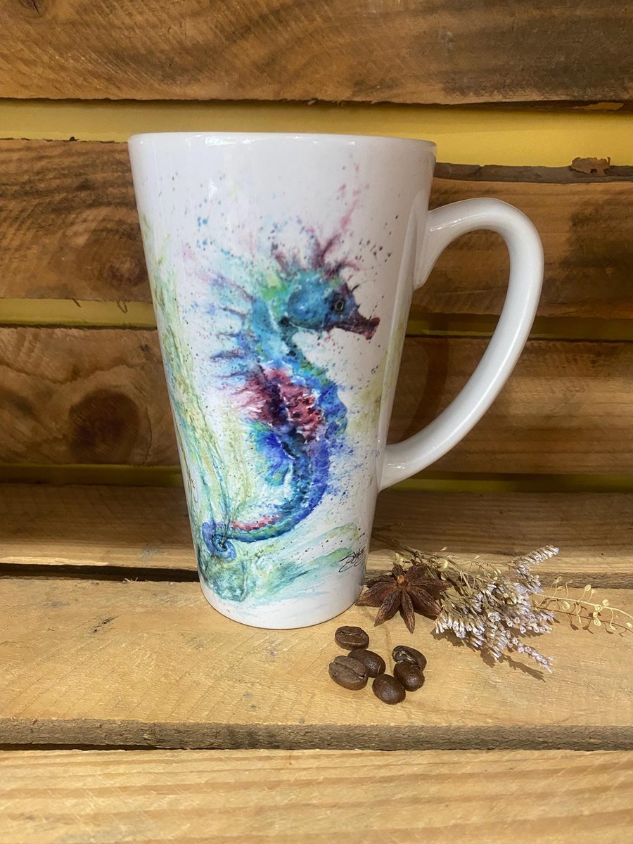 Seahorse Latte Mug, 17oz Ceramic Coffee Mug, Colourful Wildlife Art Mugs by Wate