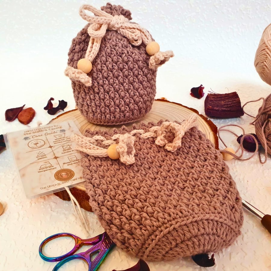 Crochet Drawstring Pouch - Favour Bag, Table Favour, Brown With Cream String