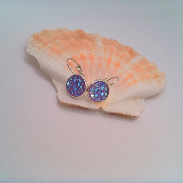 Blue Faux Druzy Lever Back Earrings, Gift for Her, Faux Druzy Earrings, Earrings