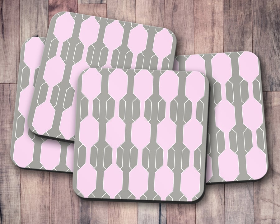 Set of 4 Grey with Pink Geometric Design Coasters