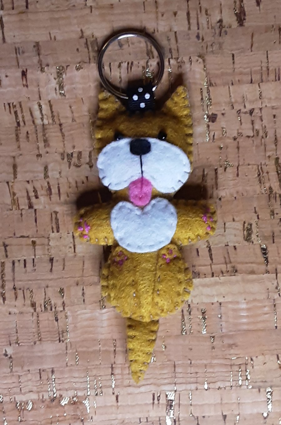Dog on Back Light Brown & White Felt Keyring - Bag Charm