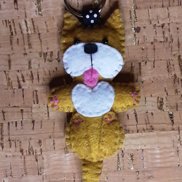 Dog on Back Light Brown & White Felt Keyring - Bag Charm