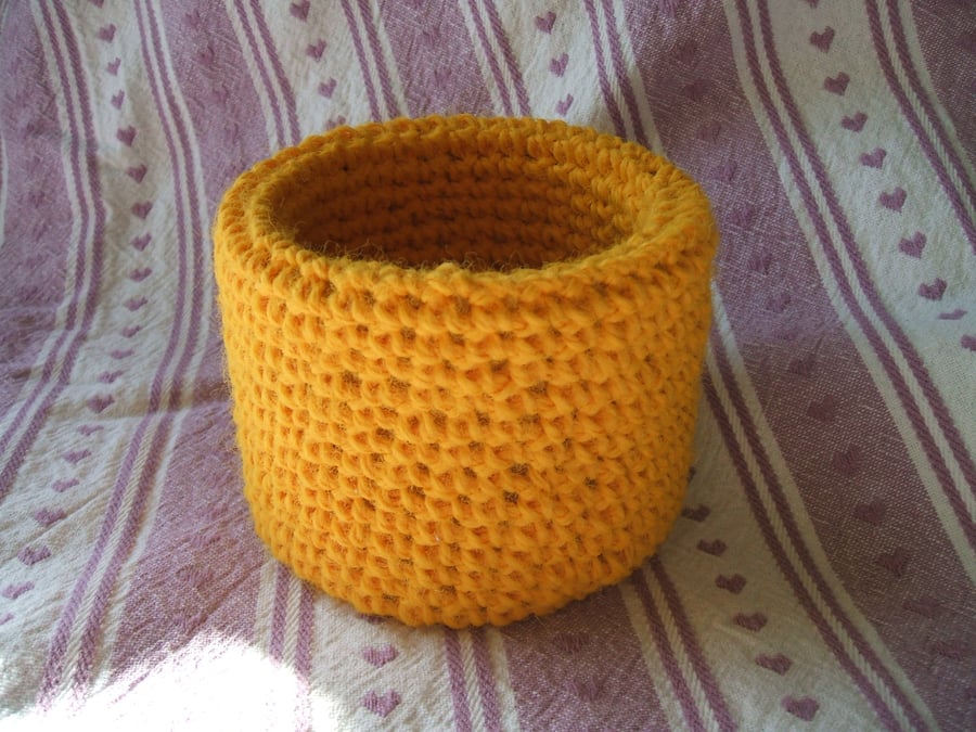 Small crochet covered storage pot - bright yellow